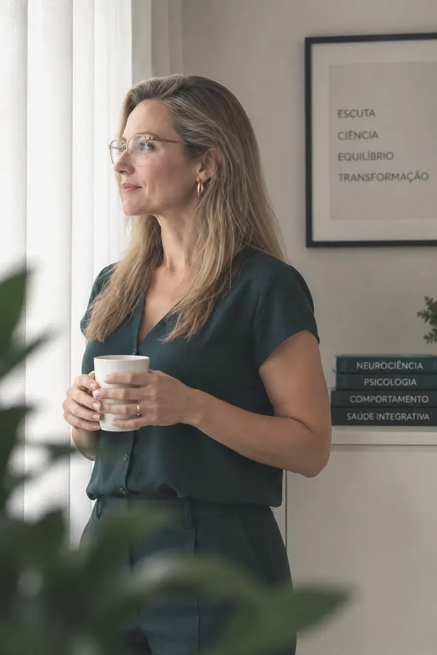 Marcia Alflen segurando uma xícara, olhando pela janela do consultório